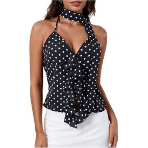 MakeMeChic Women's Polka Dots Halter Top V Neck Ruffle Backless Camisole with Scarf