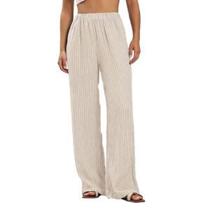 Amazhiyu Women's 100% Linen Summer Casual Elastic Waist Stripes Wide Leg Pants