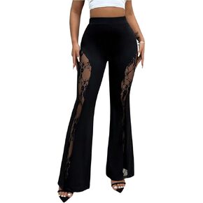 Women's Floral Lace Flare Pants See Through High Waisted Bell Bottoms Trousers Streetwear