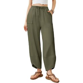 Women's Harem Cotton Linen Pants Wide Leg Barrel Baggy Sweatpants Palazzo Elastic Waist Trousers with Pockets Beach