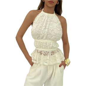 MakeMeChic Women's Ruffle Layered Halter Top Sleeveless Tie Back Y2K Crop Tops