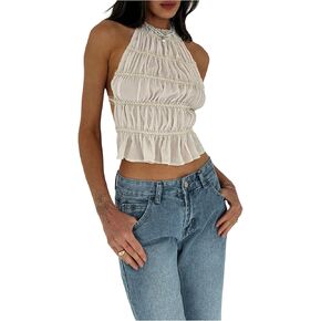 MakeMeChic Women's Ruffle Layered Halter Top Sleeveless Tie Back Y2K Crop Tops in Kuwait