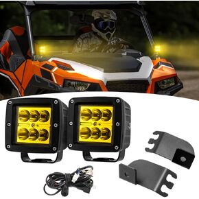 Wsays 2PCS LED Amber Light Pods & Ditch Hood Hinge LED Pod Mount Bracket w/Wiring Kit Compatible with Polaris General 1000 General 4 1000 2016-2025