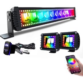 Lpteso RGBW 52Inch 300W Curved LED Light Bar with RGB Halo Ring Chasing Light, 16 Solid Colors, Over 92 Strobe Flashing Modes, IP67 Waterproof, Adjustable Mounting Bracket