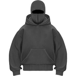 Chaos World Mens Balaclava Hoodie Double Hooded Pullover Kangaroo Pocket Hoodie For Men Casual Streetwear