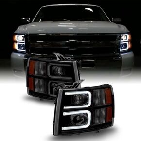 AKKON - For 2007-13 Chevy Silverado 1500 | 2007-14 2500HD 3500HD LED C-Shape Tube Black Smoked Projector Headlights Pair Set