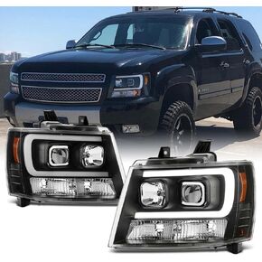 AKKON - Fits 2007-14 Chevy Tahoe Suburban 1500/2500 07-13 Avalanche Projector LED [C-Tube Bar] Black Headlights Pair Left+Right