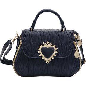 Women Leather Quilted Handbag Top Handle Satchel Bag with Heart Crown Decoration