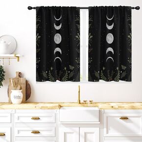 Coxila Moon Phase Kitchen Window Curtains 27.5 x 39 Inch Small Short Mini Cafe Rod Pocket Farmhouse Moonlit Gothic Witch Living Bedroom Room Home Treatment Set of 2 Curtain Panels Drapes Tiers