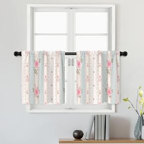 Batmerry Shabby Chic Roses Tier Curtains, Vintage Floral Stripes Polka Dot Laces Window Treatment Short Kitchen Curtain Multilayer Polyester Blackout for Living Room/Bathroom, 2 Pack 26x24 inches