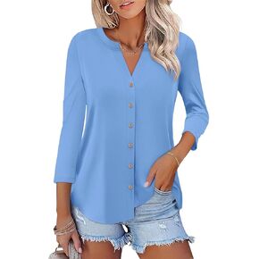 زر Orandesigne Women's Down Terts 3/4 Sleeve V Tops Discal Summer Ladies Tees