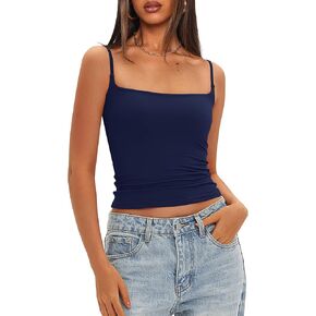 Darong Women Double Lined Tank Tops Bulit in Bra Spaghetti Straps Padded Cami Square Neck Basic Tank Shirt