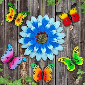 Metal Flowers Wall Decor with 5 butterflies, Wall Art Hanging Decorations for Outdoor Fence Garden Yard Patio Decor, Gift for Mom Friends
