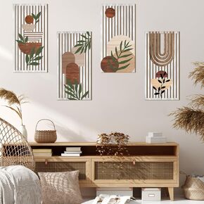 4 Pcs Boho Wooden Wall Art Plant Wall Sculptures Abstract Minimalist Wall Decor Geometric Sun Rainbow Painting Home Decor Print for Living Room Bedroom Office(Cute)