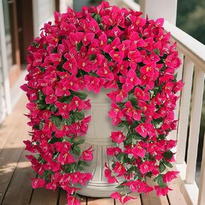 Artificial Bougainvillea Flowers Plants for Outdoors Decoration, 2 Pcs Faux Silk Hanging Flowers Long Trailing Fake Vines for Front Door Porch Planter Balcony Patio Summer Spring Home Decor, Fuchsia