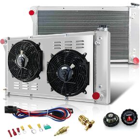 3 Row Core Aluminum CU369 RR369N Radiator Fan Shroud Assembly + 2 x 12" Fan w/Thermostat Compatible with 1967-1972 68 69 70 71 Chevy C10 C20 K10 K20 K30 Pickup Trucks and GMC Radiators