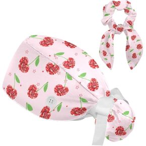 Scrub Caps Women, Surgical Caps with Buttons, Ponytail Nurse Hat, Bouffant Scrub Hats with Hair Scrunchy Adjustable, Cartoon Fruit Cherry Cute Pink Pastorable Vintage Lovely