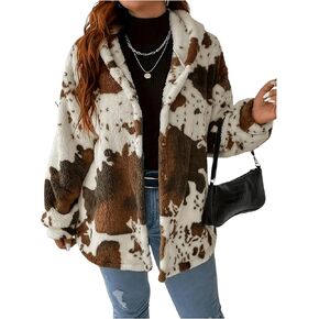 SOLY HUX Women's Plus Size Fleece Jacket Cow Print Button Down Hoodies Long Sleeve Fuzzy Winter Coat Outerwear