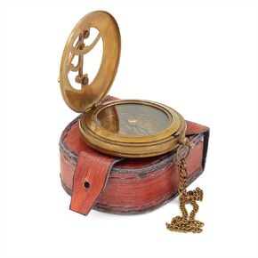Brass Sundial Compass with Chain & Hand Stitched Leather Case | Antique Collectible Beautiful Gift | Sundial Clock Nagina International
