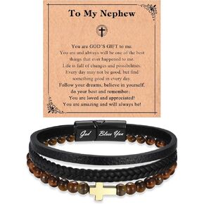 Cross Leather Tiger Eye Stone Bracelet GOD BLESS YOU Gifts for Son Grandson Nephew Brother Friend -Easter Graduation Christmas Valentines Fathers Day Birthday Gifts for Boys Teens Men