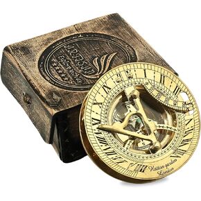 Nautical Solid Brass Round Sundial Compass with Design Leather Box, Brass Rustic Vintage Home Decor Gifts