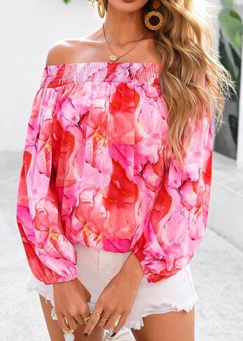 KIRUNDO Off The Shoulder Tops for Women 2025 Spring Fashion Boho Long Sleeve Floral Flowy Shirts Summer Blouse Clothing in Kuwait