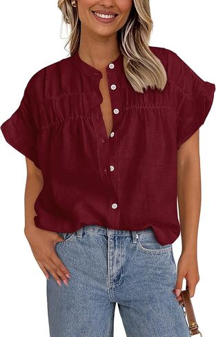 MASCOMODA Womens 2025 Button Down Shirts Ruffle Short Sleeve Loose Summer Tops Dressy Casual V Neck Business Work Blouses in Kuwait
