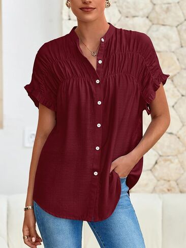 MASCOMODA Womens 2025 Button Down Shirts Ruffle Short Sleeve Loose Summer Tops Dressy Casual V Neck Business Work Blouses in Kuwait