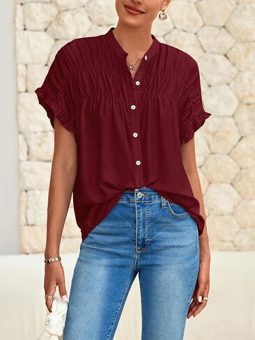 MASCOMODA Womens 2025 Button Down Shirts Ruffle Short Sleeve Loose Summer Tops Dressy Casual V Neck Business Work Blouses in Kuwait