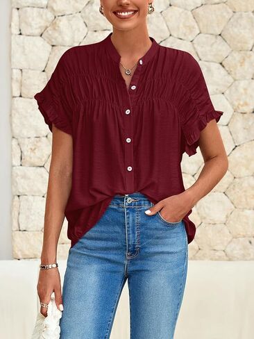 MASCOMODA Womens 2025 Button Down Shirts Ruffle Short Sleeve Loose Summer Tops Dressy Casual V Neck Business Work Blouses in Kuwait