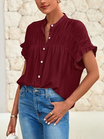 MASCOMODA Womens 2025 Button Down Shirts Ruffle Short Sleeve Loose Summer Tops Dressy Casual V Neck Business Work Blouses in Kuwait