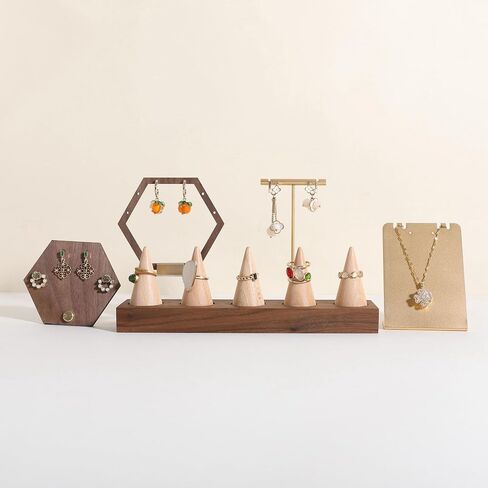 Gemeshou Wooden Ring Organizer Holder للمجوهرات ، معرض الخاتم المستقر Stand for Boutique Store ، قاعدة الجوز مع مخاريط حلقة بيضاء لبيع المجوهرات 【حامل الحلقة 1】 in Kuwait