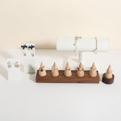 Gemeshou Wooden Ring Organizer Holder للمجوهرات ، معرض الخاتم المستقر Stand for Boutique Store ، قاعدة الجوز مع مخاريط حلقة بيضاء لبيع المجوهرات 【حامل الحلقة 1】 in Kuwait