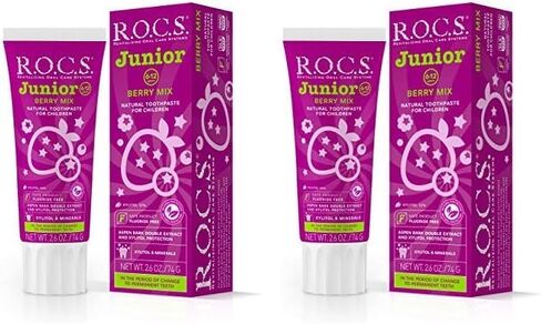 R.O.C.S. معجون أسنان جونيور - مينا الأسنان المبيض وحماية لثة الأسنان - للأطفال من سن 6 إلى 12 سنة - آمن للابتلاع - طبيعي، بدون فلورايد أو كبريتات (قوس قزح فاكهي، عبوة من قطعة واحدة) in Kuwait