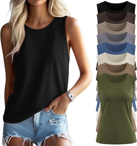 Ficerd 8 Pack Women’s Sleeveless Tops, Crew Neck Loose Fit Tank Tops Basic Summer Cotton Shirts Casual 2025 Fashion T Shirts in Saudi Arabia