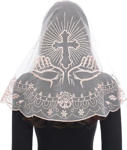 Bozidol Mantilla Veils for Church Catholic, D Shape Praying Hands With Cross Chapel Veil, Latin Mass Head Coverings for Women in Kuwait