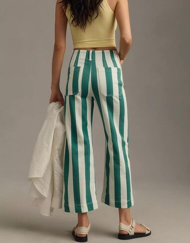 Kedera Women Striped Pants Wide Leg Trousers Casual High Waisted Pants Summer Flare Jeans with Patched Pockets in Saudi Arabia