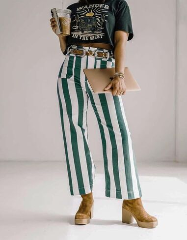 Kedera Women Striped Pants Wide Leg Trousers Casual High Waisted Pants Summer Flare Jeans with Patched Pockets in Saudi Arabia
