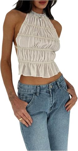 MakeMeChic Women's Ruffle Layered Halter Top Sleeveless Tie Back Y2K Crop Tops in Kuwait