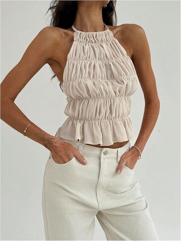 MakeMeChic Women's Ruffle Layered Halter Top Sleeveless Tie Back Y2K Crop Tops in Kuwait