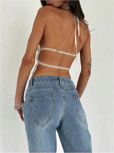 MakeMeChic Women's Ruffle Layered Halter Top Sleeveless Tie Back Y2K Crop Tops in Kuwait