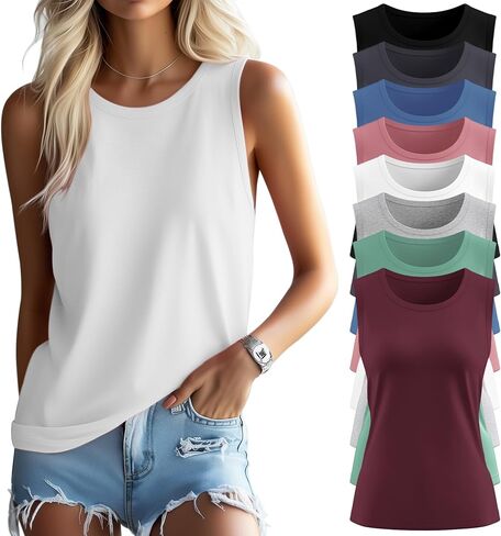 Ficerd 8 Pack Women’s Sleeveless Tops, Crew Neck Loose Fit Tank Tops Basic Summer Cotton Shirts Casual 2025 Fashion T Shirts in Saudi Arabia