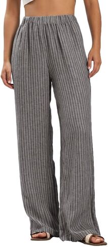Amazhiyu Women's 100% Linen Summer Casual Elastic Waist Stripes Wide Leg Pants in Saudi Arabia