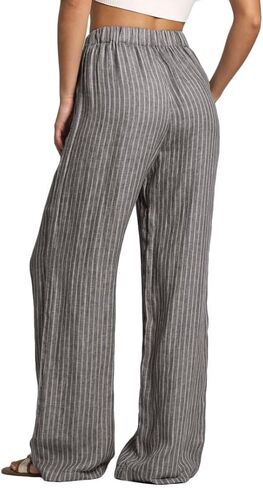 Amazhiyu Women's 100% Linen Summer Casual Elastic Waist Stripes Wide Leg Pants in Saudi Arabia