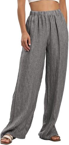 Amazhiyu Women's 100% Linen Summer Casual Elastic Waist Stripes Wide Leg Pants in Saudi Arabia