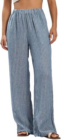 Amazhiyu Women's 100% Linen Summer Casual Elastic Waist Stripes Wide Leg Pants in Saudi Arabia