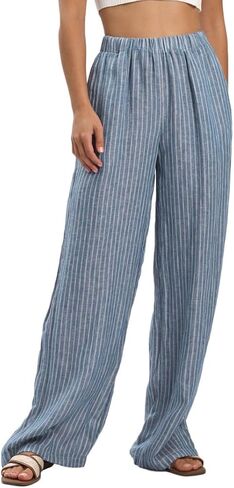Amazhiyu Women's 100% Linen Summer Casual Elastic Waist Stripes Wide Leg Pants in Saudi Arabia