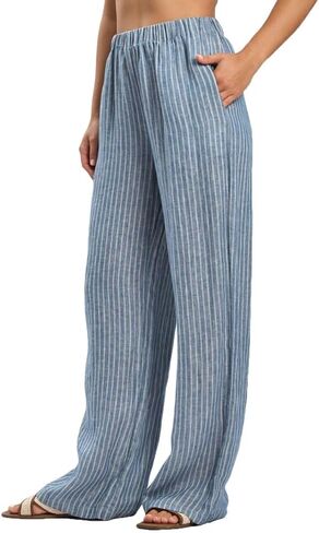 Amazhiyu Women's 100% Linen Summer Casual Elastic Waist Stripes Wide Leg Pants in Saudi Arabia