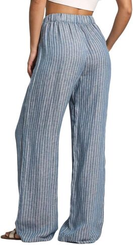Amazhiyu Women's 100% Linen Summer Casual Elastic Waist Stripes Wide Leg Pants in Saudi Arabia