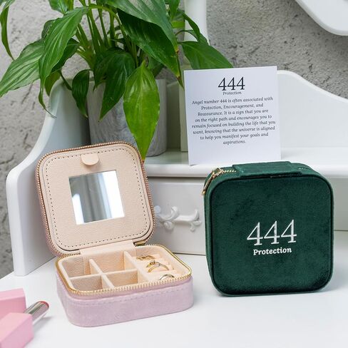 Travel Jewelry Case Organizer with Velvet Angel Number 444, Mirror & Message Card | Compact Jewelry Box Gift for Girlfriends, Women, Teens, Girls | Jewelry Lovers | Portable Jewelry Storage for Travel in Saudi Arabia